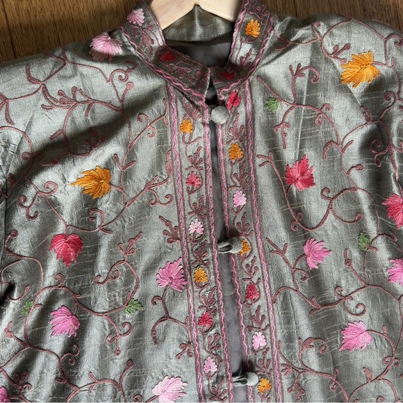 Vintage smoke-green long Kashmiri jacket embroidered size M - Picture 9 of 10
